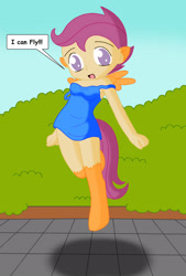 Size: 1472x2180 | Tagged: safe, artist:sin-r, scootaloo, human, pegasus, pony, g4, age regression, breasts, clothes, dress, female, flying, human to pony, mid-transformation, open mouth, scootaloo can fly, solo, speech bubble, transformation, younger