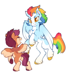 Size: 569x621 | Tagged: safe, artist:sekuponi, rainbow dash, scootaloo, pegasus, pony, g4, alternate design, chest fluff, duo, duo female, ear fluff, ear tufts, female, filly, foal, mare, simple background, unshorn fetlocks, white background