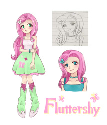 Size: 1200x1400 | Tagged: safe, artist:madokakoaki, fluttershy, human, g4, blushing, boots, bracelet, clothes, cute, dress, female, fluttershy's skirt, humanized, jewelry, necklace, shoes, shyabetes, simple background, skirt, socks, solo, stockings, tank top, thigh highs, white background