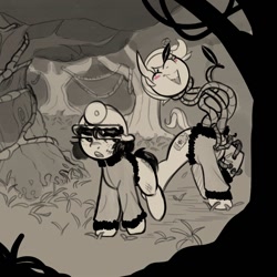 Size: 1000x1000 | Tagged: safe, artist:shouldbedrawing, oc, oc only, earth pony, pony, blush sticker, blushing, clothes, duo, eyes closed, female, forest, headlamp, helmet, jacket, leaf, lidded eyes, mare, mining helmet, monochrome, nature, open mouth, open smile, partial color, smiling, tree