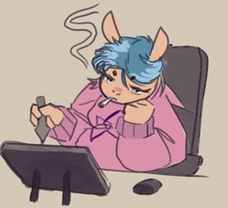 Size: 1109x1013 | Tagged: safe, artist:shouldbedrawing, oc, oc only, oc:femshobe, pegasus, anthro, beige background, cigarette, clothes, computer mouse, drawing tablet, elbow rest, female, lidded eyes, simple background, smoking, solo, stylus, sweater