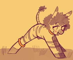 Size: 1173x966 | Tagged: safe, artist:shouldbedrawing, oc, oc only, zebra, afro, blush lines, blushing, eyebrows, eyebrows visible through hair, female, grin, lidded eyes, long eyelashes, mare, monochrome, partial color, raised tail, simple background, smiling, solo, tail, yellow background, zebra oc
