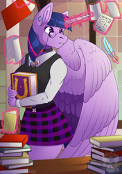 Size: 2141x3039 | Tagged: safe, artist:grumpygriffcreation, twilight sparkle, alicorn, anthro, g4, accessory, book, clothes, friendship journal, magic, quill, skirt, solo, twilight sparkle (alicorn)
