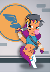 Size: 1051x1501 | Tagged: safe, artist:prixy05, sunny starscout, earth pony, pony, g5, my little pony: tell your tale, baseball bat, bipedal, bipedal leaning, bubblegum, clothes, crossed legs, female, food, gum, hat, headset mic, i can't believe it's not hasbro studios, leaning, mane stripe sunny, mare, pun, scout (tf2), socks, team fortress 2