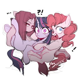 Size: 1500x1500 | Tagged: safe, artist:xiaoxingxin, pinkie pie, twilight sparkle, earth pony, pony, unicorn, g4, ..., colored sketch, exclamation point, female, horn, interrobang, lesbian, mare, open mouth, pinkamena diane pie, question mark, self paradox, self ponidox, ship:twinkie, shipping, simple background, sketch, white background, wide eyes