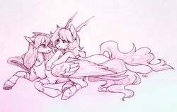 Size: 1574x995 | Tagged: safe, artist:sparkling_light, oc, pegasus, pony, duo, female, flower, horn, rose, traditional art