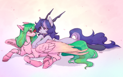 Size: 1574x995 | Tagged: safe, artist:sparkling_light, oc, pegasus, pony, duo, female, flower, horn, large wings, rose, wings