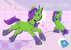 Size: 4132x2919 | Tagged: safe, artist:daisy_marshmallow, oc, oc:star pine, auroricorn, pony, g5, auroricorn oc, female, glasses, high res, jewelry, mare, necklace, reference sheet, sharp teeth, solo, teeth, text