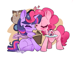 Size: 2944x2500 | Tagged: safe, artist:chengzi82020, owlowiscious, pinkie pie, twilight sparkle, bird, earth pony, owl, pony, unicorn, abstract background, blushing, book, cupcake, eyes closed, female, food, heart, horn, kissing, mare, nose kiss, plate, quill, sitting