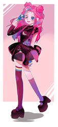 Size: 1445x3181 | Tagged: safe, artist:zhen573233, pinkie pie, human, g4, abstract background, clothes, dress, humanized, long socks, open mouth, peace sign, platform boots, smiling, solo