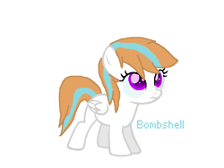 Size: 769x577 | Tagged: safe, artist:ivuiadopts, artist:salty air, oc, oc only, oc:bombshell, pegasus, pony, base used, blank flank, blue mane, female, filly, foal, frown, male, not blueblood, offspring, orange mane, parent:fire streak, parent:fleetfoot, parents:firefoot, pegasus oc, purple eyes, ship:firefoot, simple background, solo, straight, white background, white coat