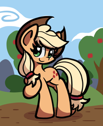 Size: 1280x1559 | Tagged: safe, artist:derp pone, applejack, earth pony, g4, apple, apple tree, big hooves, cute, hat, looking at you, raised hoof, solo, tree