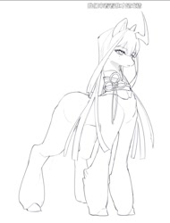 Size: 632x832 | Tagged: safe, artist:__baiq, oc, oc only, pony, unicorn, black and white, clothes, curved horn, female, grayscale, horn, mare, monochrome, simple background, sketch, solo, unshorn fetlocks, white background