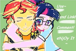 Size: 1284x863 | Tagged: safe, artist:sunsetzine, sci-twi, sunset shimmer, twilight sparkle, human, equestria girls, g4, 1000 hours in ms paint, base used, bowtie, duo, female, glasses, hug, hug from behind, lesbian, ship:sci-twishimmer, ship:sunsetsparkle, shipping
