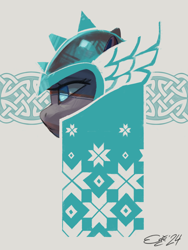 Size: 1500x2000 | Tagged: safe, artist:egil, sun cross, earth pony, pony, g4, abstract, helmet, mighty helm, pattern, solo