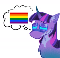 Size: 1955x1910 | Tagged: safe, artist:sunsetzine, twilight sparkle, pony, unicorn, g4, curved horn, female, gay pride flag, glasses, horn, mare, pride, pride flag, simple background, solo, thought bubble, white background