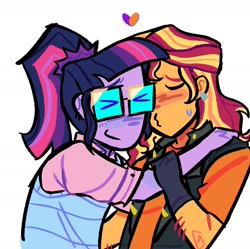 Size: 1736x1728 | Tagged: safe, artist:sunsetzine, sci-twi, sunset shimmer, twilight sparkle, human, equestria girls, g4, blushing, clothes, duo, ear piercing, earring, female, glasses, gloves, imminent kissing, jacket, jewelry, lesbian, piercing, ship:sci-twishimmer, ship:sunsetsparkle, shipping, simple background, sweat, white background