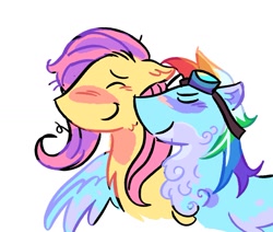 Size: 1395x1185 | Tagged: safe, artist:sunsetzine, fluttershy, rainbow dash, pegasus, pony, g4, alternate design, chest fluff, duo, ear fluff, female, goggles, goggles on head, height difference, hug, lesbian, mare, ship:flutterdash, shipping, simple background, tallershy, white background, winghug, wings