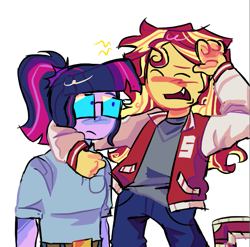 Size: 783x774 | Tagged: safe, artist:sunsetzine, sci-twi, sunset shimmer, twilight sparkle, human, equestria girls, g4, blushing, clothes, duo, female, glasses, jacket, lesbian, ship:sci-twishimmer, ship:sunsetsparkle, shipping, snaggletooth