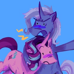 Size: 2048x2048 | Tagged: safe, artist:sunsetzine, starlight glimmer, trixie, pony, unicorn, g4, angry, blue background, blushing, curved horn, duo, female, horn, hug, lesbian, mare, ship:startrix, shipping, simple background, sweat, yelling