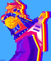 Size: 1480x1790 | Tagged: safe, artist:sunsetzine, sunset shimmer, human, equestria girls, g4, blue background, clothes, electric guitar, female, flying v, guitar, guitar pick, jacket, leather, leather jacket, musical instrument, rockstar, simple background, solo, spiked wristband, sunglasses, wristband
