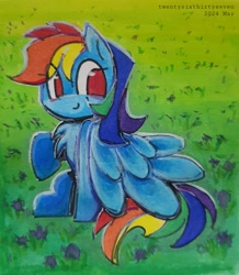 Size: 2652x3038 | Tagged: safe, artist:twentysixthirtyseven, derpibooru exclusive, rainbow dash, pegasus, pony, colored, grass, grass field, painting, signature, sitting, smiling, wings, wings down