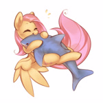 Size: 2500x2500 | Tagged: safe, artist:mirroredsea, fluttershy, pegasus, pony, shark, g4, blåhaj, commission, cute, eyes closed, female, long tail, mare, nom, plushie, shark plushie, shyabetes, simple background, smiling, solo, tail, white background, wings, ych example, your character here