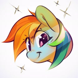 Size: 2048x2048 | Tagged: safe, artist:mirroredsea, rainbow dash, pegasus, bust, female, looking at you, mare, portrait, simple background, smiling, sparkles