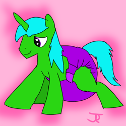 Size: 640x640 | Tagged: safe, artist:joeydr, oc, oc:green byte, pony, unicorn, diaper, diaper fetish, fetish, horn, male, pink background, poofy diaper, simple background, solo, stallion