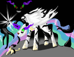 Size: 1024x793 | Tagged: artist needed, safe, king sombra, princess celestia, alicorn, pony, umbrum, unicorn, fanfic:the domain of sombra, g4, corrupted, dark magic, duo, duo male and female, fanfic, fanfic art, fanfic cover, female, glowing, glowing horn, horn, jewelry, magic, male, male and female, peytral, possession, shadow, shadows, smoke, sombra eyes, spread wings, story in the source, tendrils, tentacles, tiara, wings