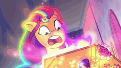 Size: 1280x720 | Tagged: safe, screencap, sunny starscout, zipp storm, earth pony, pegasus, pony, g5, my little pony: tell your tale, written in the starscouts, spoiler:g5, spoiler:my little pony: tell your tale, spoiler:tyts02e11, :o, absurd file size, absurd gif size, animated, crystal brighthouse, female, filly, filly sunny starscout, gif, magic, male, mare, open mouth, scrapbook, stallion, younger
