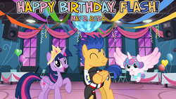 Size: 2064x1164 | Tagged: safe, artist:alandssparkle, artist:chainchomp2 edits, artist:not-yet-a-brony, artist:osipush, edit, flash sentry, princess flurry heart, twilight sparkle, alicorn, pegasus, 2024, birthday, birthday party, canterlot high, crown, female, gym, it's alright, jewelry, lyrics in the description, male, mare, may, one eye closed, party, regalia, smiling, song in the description, stallion, trio, twilight sparkle (alicorn), vincent tong, voice actor reference, wink, youtube link in the description