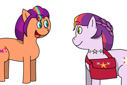 Size: 1500x1000 | Tagged: safe, artist:sleeplesseevee, sunny starscout, sunny starscout's mother, earth pony, pony, g5, my little pony: tell your tale, written in the starscouts, spoiler:g5, spoiler:my little pony: tell your tale, spoiler:tyts02e11, bag, female, happy, jewelry, mare, necklace, outline, saddle bag, simple background, transparent background, white outline