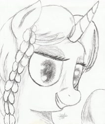Size: 2467x2896 | Tagged: safe, artist:bjsampson, oc, oc only, oc:marker pony, unicorn, 4chan, charcoal (medium), female, horn, imminent boop, looking at you, smiling, smiling at you, solo, traditional art