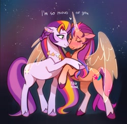 Size: 2219x2181 | Tagged: safe, artist:peachmichea, sunny starscout, sunny starscout's mother, alicorn, earth pony, pony, g5, artificial horn, artificial wings, augmented, blushing, crying, duo, duo female, eyes closed, female, floppy ears, horn, hug, jewelry, magic, magic horn, magic wings, mare, mother and child, mother and daughter, necklace, race swap, raised hoof, signature, smiling, spread wings, sunnycorn, tail, tears of joy, unshorn fetlocks, wings