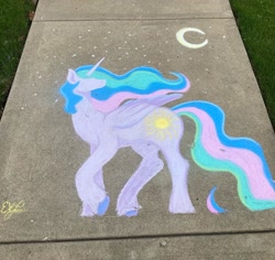 Size: 2048x1937 | Tagged: safe, artist:jiaorenscove, princess celestia, alicorn, pony, beautiful, chalk, chalk drawing, grass, moon, sidewalk, solo, traditional art