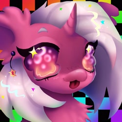 Size: 2537x2537 | Tagged: oc name needed, safe, artist:larvaecandy, oc, oc only, pony, unicorn, :3, big ears, big eyes, checkered background, chest fluff, colored eyebrows, colored sclera, commission, ear fluff, eyelashes, freckles, gradient eyes, high res, horn, lidded eyes, lineless, long mane, looking at you, patterned background, pink coat, profile picture, purple sclera, shiny mane, smiling, smiling at you, solo, sparkly eyes, sparkly mane, tongue out, two toned eyes, unicorn horn, unicorn oc, white mane, wingding eyes