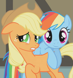 Size: 515x545 | Tagged: safe, edit, edited screencap, editor:twilyisbestpone, screencap, applejack, rainbow dash, earth pony, pegasus, pony, g4, season 1, swarm of the century, cropped, duo, duo female, female, floppy ears, inverted mouth, looking at you, mare, raised hoof, smiling, smiling at you