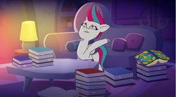 Size: 1680x936 | Tagged: safe, screencap, zipp storm, pegasus, pony, g5, my little pony: tell your tale, written in the starscouts, spoiler:g5, spoiler:my little pony: tell your tale, spoiler:tyts02e11, book, couch, desk lamp, solo, table
