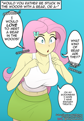 Size: 3113x4500 | Tagged: safe, artist:pshyzomancer, fluttershy, human, equestria girls, g4, breasts, busty fluttershy, clothes, cute, dialogue, excited, hairpin, humanized, leaning forward, meme, simple background, skirt, sparkly eyes, tank top, text, wingding eyes