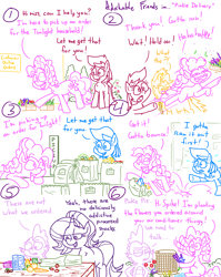 Size: 4779x6013 | Tagged: safe, artist:adorkabletwilightandfriends, pinkie pie, roseluck, spike, starlight glimmer, sunburst, oc, oc:cindy, pony, comic:adorkable twilight and friends, g4, adorkable, adorkable friends, air conditioner, bag, bouncing, box, cardboard box, carrot, cherry, comic, confused, cute, debris, delivery, delivery pony, dirt, dork, flower, food, gardening, grocery store, happy, humor, jumping, orange, pollen, silly, silly face, silly pony, sitting, smiling, strawberry, waving