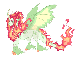 Size: 4400x3300 | Tagged: safe, artist:gigason, oc, oc only, oc:ginko, draconequus, hybrid, bat wings, coat markings, colored hooves, colored pinnae, colored wings, concave belly, curved horn, dappled, draconequus oc, female, fiery mane, fiery tail, golden eyes, hoof polish, horn, long feather, long fetlocks, looking back, magical threesome spawn, multicolored wings, multiple horns, obtrusive watermark, offspring, parent:cayenne, parent:crackle cosette, parent:discord, ponytail, shiny hooves, simple background, slender, socks (coat markings), solo, spread wings, standing, striped horn, thin, transparent background, tricorn, unshorn fetlocks, watermark, wings