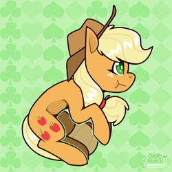 Size: 2343x2343 | Tagged: safe, artist:jellysketch, applejack, earth pony, pony, g4, female, high res, mare, patterned background, side view, solo