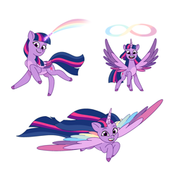Size: 2048x2048 | Tagged: safe, artist:dazzle, twilight sparkle, alicorn, pony, g4, g5, my little pony: tell your tale, colored wings, female, flowing mane, flying, g4 to g5, generation leap, infinity symbol, looking at you, magic, mare, multicolored wings, pose, rainbow wings, simple background, smiling, smiling at you, spread wings, twilight sparkle (alicorn), white background, wings