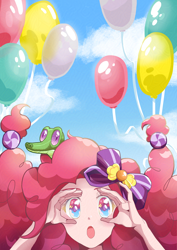 Size: 2480x3508 | Tagged: safe, artist:asayuuuu, gummy, pinkie pie, alligator, human, :o, balloon, bow, cloud, hair bow, humanized, looking at you, open mouth, sky