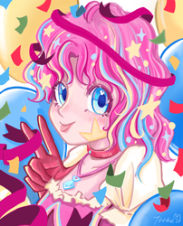 Size: 1640x2027 | Tagged: safe, artist:tata, pinkie pie, human, balloon, blushing, bust, clothes, collar, confetti, dress, humanized, jewelry, looking at you, peace sign, pendant, portrait, solo, stars, tongue out
