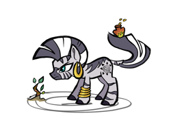 Size: 3464x2598 | Tagged: safe, artist:苍蝇擦擦, zecora, zebra, g4, female, mare, prehensile tail, sapling, simple background, solo, tail, vase, white background