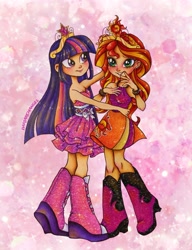 Size: 2055x2679 | Tagged: safe, artist:dariarchangel, sunset shimmer, twilight sparkle, human, equestria girls, g4, my little pony equestria girls: rainbow rocks, big crown thingy, blushing, boots, clothes, dress, duo, duo female, element of magic, female, hug, human coloration, jewelry, lesbian, pink dress, regalia, ship:sunsetsparkle, shipping, shoes, skirt, smiling