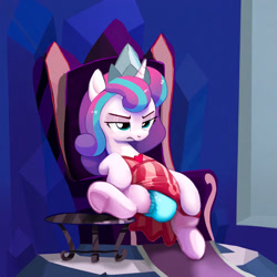 Size: 1472x1472 | Tagged: safe, artist:asdfasfasda, princess flurry heart, alicorn, pony, g4, annoyed, blue diaper, clothes, crown, crystal, diaper, diaper fetish, dress, dress lift, female, fetish, flurry heart is not amused, frown, indoors, jewelry, lazy, lidded eyes, lounging, older, older flurry heart, regalia, skirt, skirt lift, solo, spread legs, spreading, throne, unamused, underhoof