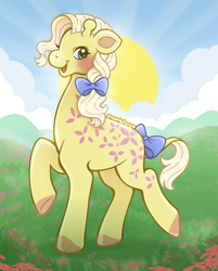 Size: 2169x2700 | Tagged: safe, artist:sparkytopia, creamsicle (g1), giraffe, g1, bow, creamsicle, female, hair bow, pony friends, raised hooves, smiling, solo
